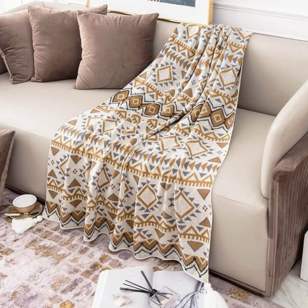 Boho Aztec Geometric Farmhouse Knitted Tassel Brown Soft Vintage Throw Blanket - Picture 7 of 7